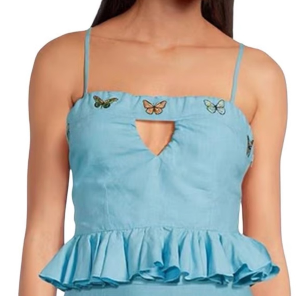 NWT Fanm Mon Light Blue Butterfly Crop Top 100% linen size M/L
